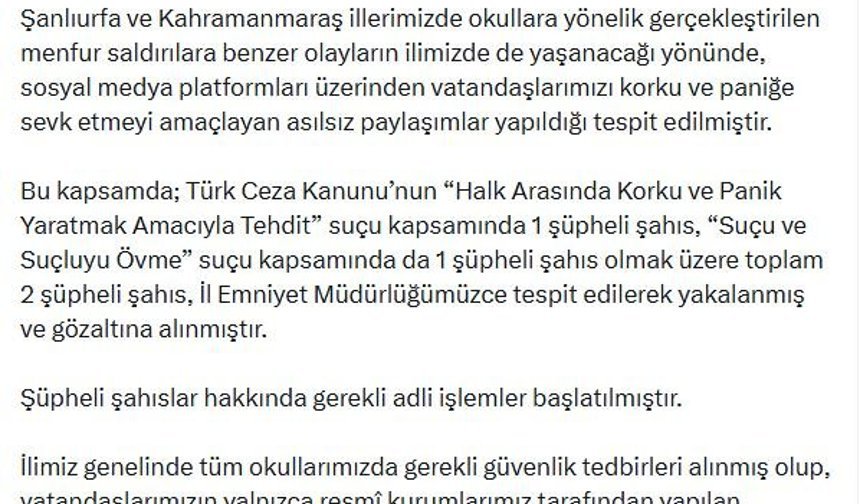 Denizli'de okul saldırılarıyla ilgili yanıltıcı paylaşımlar yapan 2 şüpheli gözaltına alındı