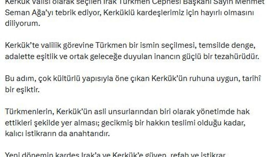 İletişim Başkanı Duran'dan Kerkük Valisi seçilen Mehmet Seman Ağa'ya tebrik