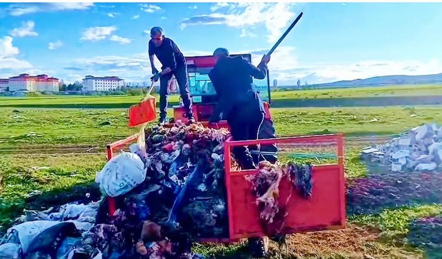 Kars'ta muhtarlar el ele verdi, köy girişlerindeki çöpleri temizledi