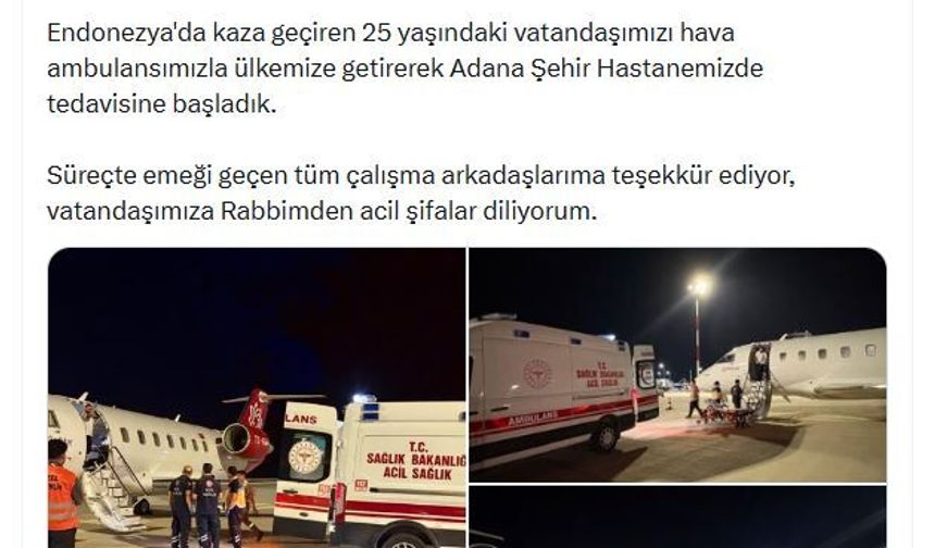 Bakan Memişoğlu: Endonezya'da kaza geçiren vatandaşımız, Türkiye'de tedaviye alındı