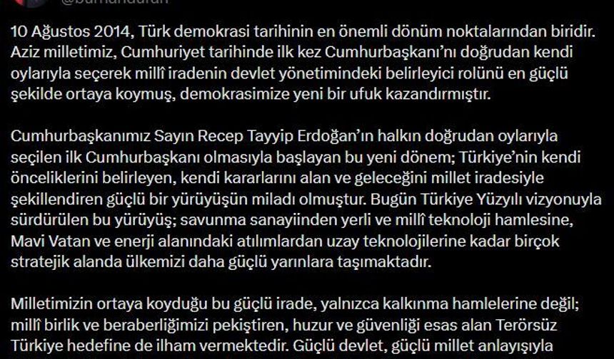 Burhanettin Duran: 10 Ağustos 2014, Türk demokrasi tarihinin en önemli dönüm noktalarından biridir