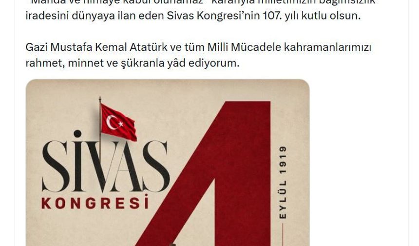 Cevdet Yılmaz'dan 'Sivas Kongresi'nin yıl dönümü paylaşımı