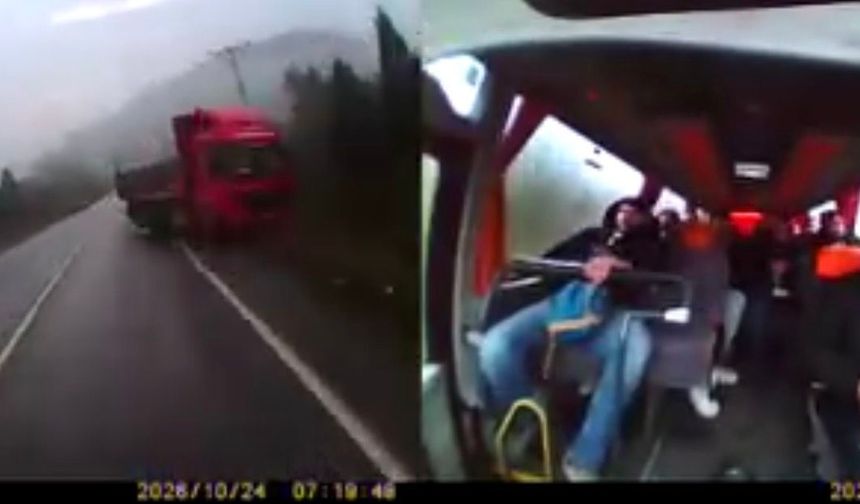 Hatalı sollama yapan kamyon ile midibüs burun buruna geldi